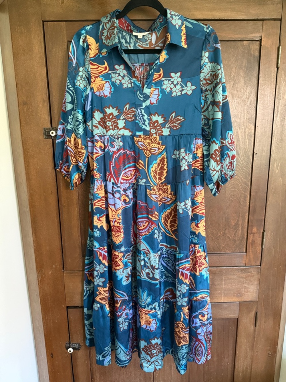 Teal Floral Tiered Midi Dress with Burnt Orange & Yellow Accents